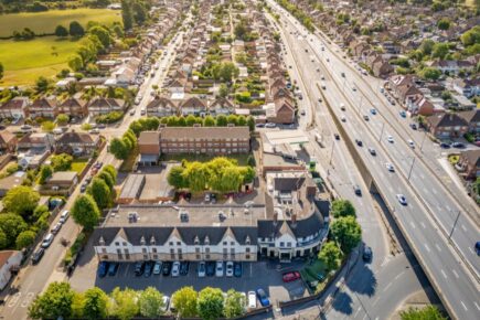 Buildings by main road